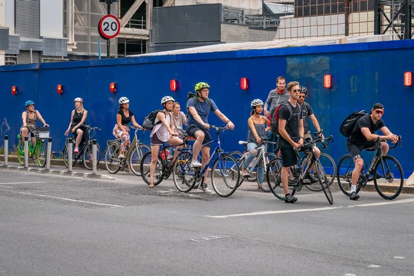 London England July 2020 Group Commuter Cyclists Wearing Crash Helmets — Stock Photo, Image