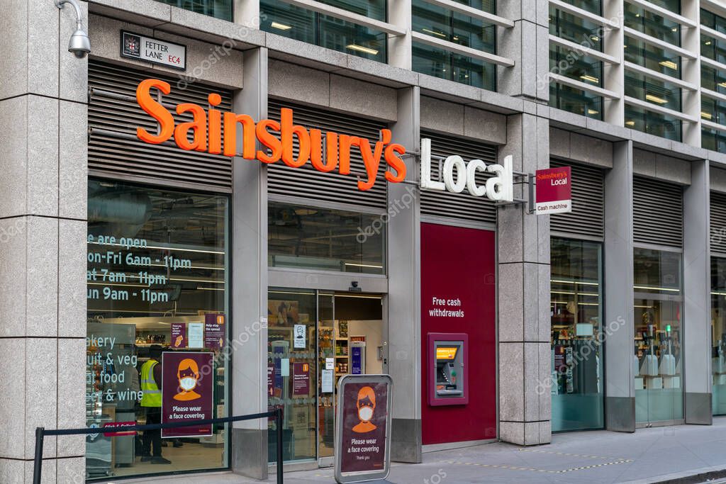 LONDON, ENGLAND - JULY 24, 2020:  Sainsbury's supermarket Local Store on the ground floor of its global headoffice building at Holborn Circus,  Holborn, London  - 006