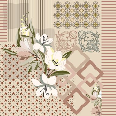 Square Silk Scarf Design With Floral Ethnic 2 clipart