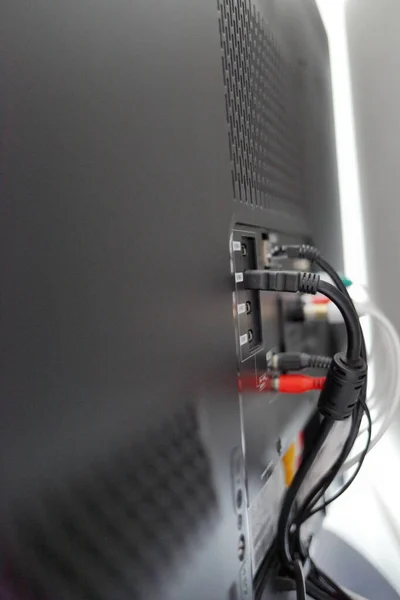 Audio and video connections on the back of a flat screen TV