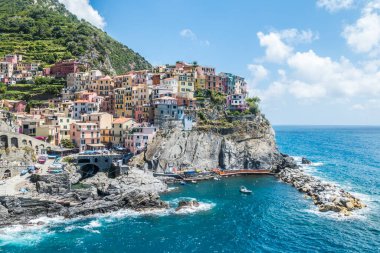 Cinque Terre 'deki Manarola' nın ön planda bir agave ile hava görüntüsü