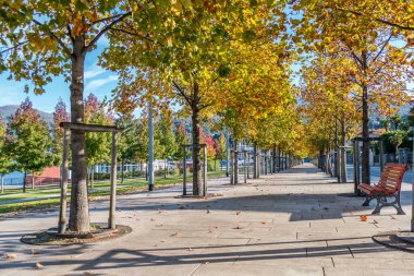 Maggiore Gölü yakınlarındaki Luino 'da kırmızı parktaki bir bankta..