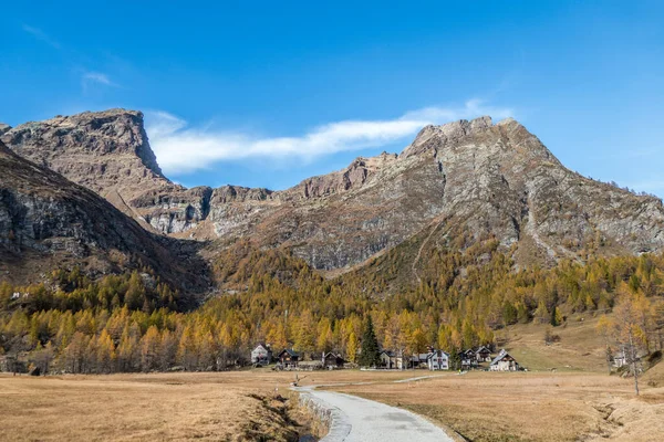 Alpe Devero 'da sonbaharın renkleri, dağlarda küçük bir köy