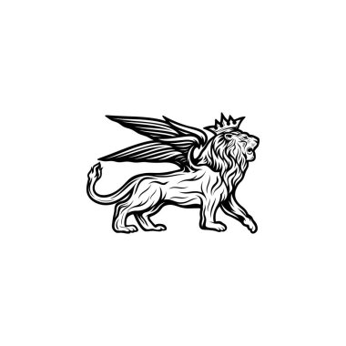 Kanat logosu tasarım şablonu olan bir aslan. Doğrusal premium vektör logotype
