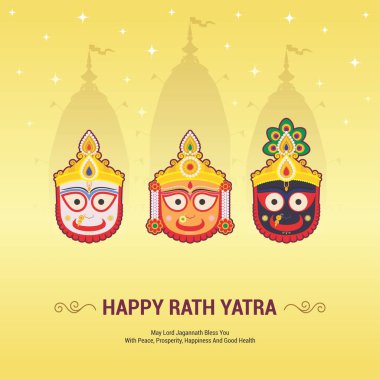 Lord Jagannath Geleneksel Rathayatra Festivali. Rath Yatra festivali Lord Jagannath, Balabhadra ve Subhadra 'nın ibadetleri etrafında kurulmuştur. Mutlu Rath Yatra. Vektör illüstrasyonu.