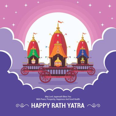 Rath Yatra festivali. Lord Jagannath, Balabhadra ve Subhadra için mutlu Rath Yatra bayramı kutlamaları. Lord Jagannath Puri Odisha Tanrı Rathyatra Festivali. Vektör illüstrasyonu.