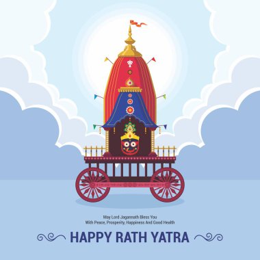 Lord Jagannath, Balabhadra ve Subhadra için Ratha Yatra Festivali kutlaması. Lord Jagannath Puri Odisha Tanrı Rathyatra Festivali. Rath Yatra kutlama geçmişi. Vektör illüstrasyonu.