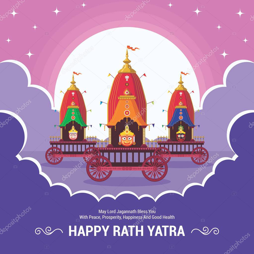 Rath Yatra festival. Happy Rath Yatra holiday background celebration for Lord Jagannath, Balabhadra and Subhadra. Lord Jagannath Puri Odisha God Rathyatra Festival. Vector illustration.