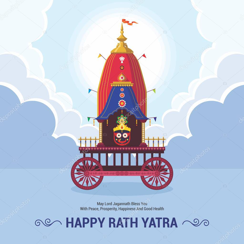 Ratha Yatra Festival celebration for Lord Jagannath, Balabhadra and Subhadra. Lord Jagannath Puri Odisha God Rathyatra Festival. Rath Yatra celebration background. Vector illustration.