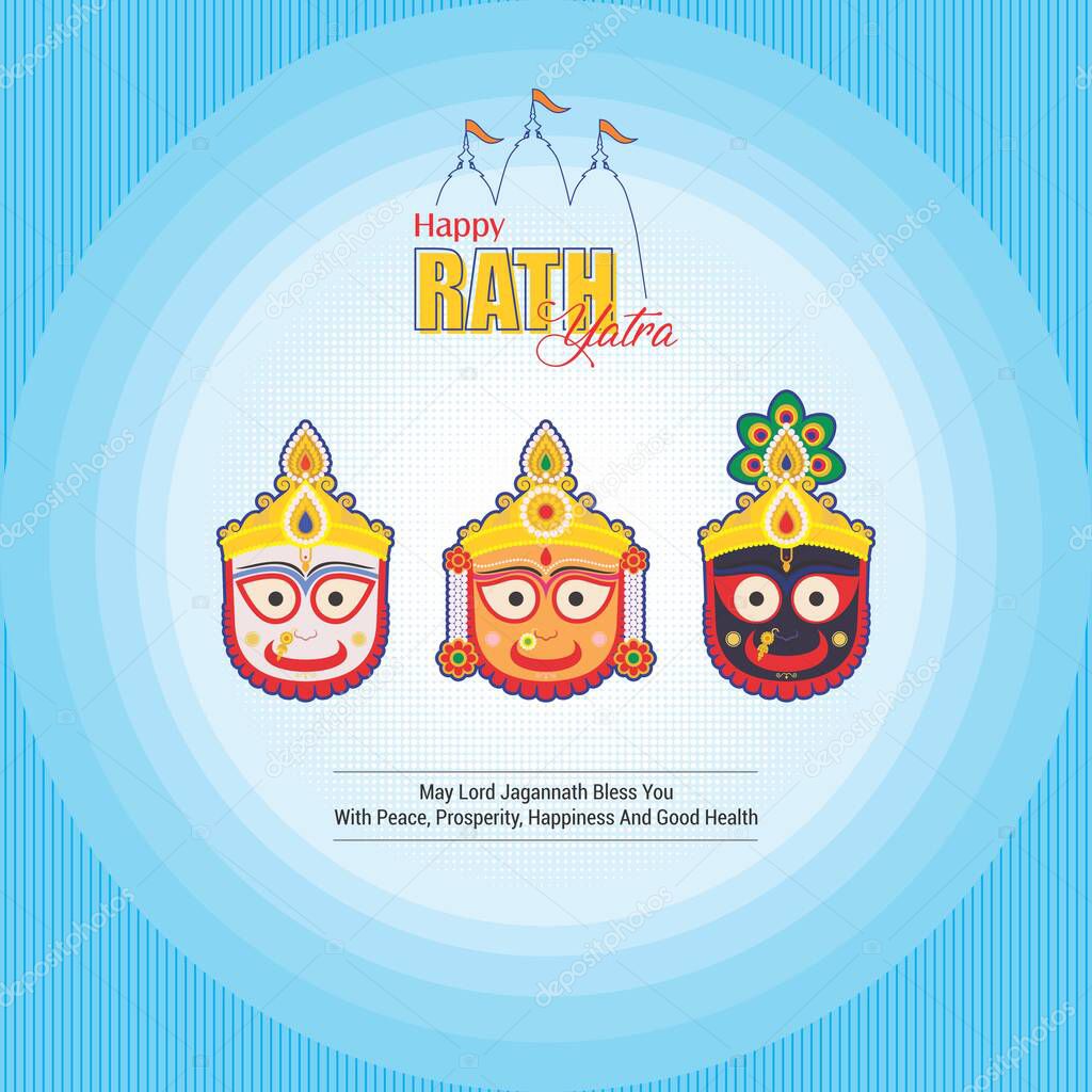 Rath Yatra festival. Lord Jagannath Puri Odisha God Rathyatra Festival. Happy Rath Yatra holiday background celebration for Lord Jagannath, Balabhadra and Subhadra. Vector illustration.
