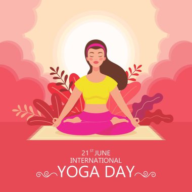 Padmasana yogası yapan bir kadının vektör çizimi. 21 Haziran 'da Uluslararası Yoga Günü. Hint geleneksel yogası. renkli vektör arkaplanı.
