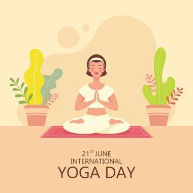 Sukhasana yogası yapan genç bir kız. Lotus pozunda meditasyon yapan güzel bir kız, rahatlama egzersizi, rahat koltuk pozu. 21 Haziran 'da Uluslararası Yoga Günü için Asana' ya gidecek olan kız. Vektör illüstrasyonu.