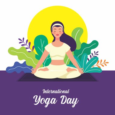 21 Haziran 'daki Uluslararası Yoga Günü için Padmasana yoga egzersizi yapan genç kadınlar. Yoga yapan bir karakterin vektör çizimi. Hint geleneksel yogası.