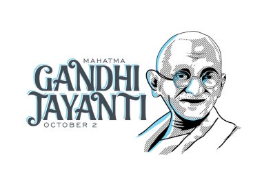 Gandhi Jayanti Metin Beyaz Arkaplan ile Mahatma Gandhi çizgi çizim vektörü