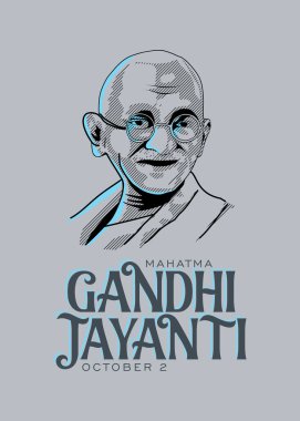 Gandhi Jayanti Metin Gri Arkaplan ile Mahatma Gandhi çizgi çizim vektörü