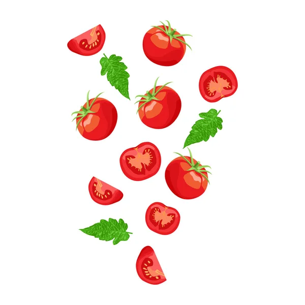 Tomate Vegetal Fresco Cayendo Con Trozos Cortados Hojas Vector — Vector de stock