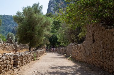 Antalya / Türkiye - 06 / 09 / 2019: Türkiye 'nin Antalya kentindeki Cirali köyündeki antik Olimpos kentinin kalıntıları. Yerel ve yabancı turistler antik kenti ziyaret etmek ve yüzmek için geliyorlar.