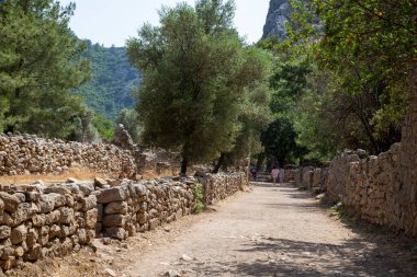 Antalya / Türkiye - 06 / 09 / 2019: Türkiye 'nin Antalya kentindeki Cirali köyündeki antik Olimpos kentinin kalıntıları. Yerel ve yabancı turistler antik kenti ziyaret etmek ve yüzmek için geliyorlar.