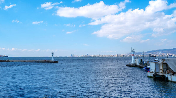 Izmir/Turkey - 01/14/2019: A view of the city from the passenger ferry to Karsiyaka.