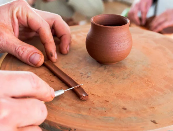 Hands Potter Creating Clay Cup White Background — Stock Photo, Image