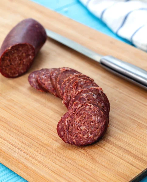 Turkish Sausage Sucuk Wooden Table — Stock Photo, Image