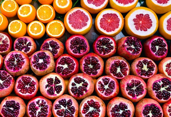 Las Granadas Rojas Frescas Pomelos Naranjas — Foto de Stock