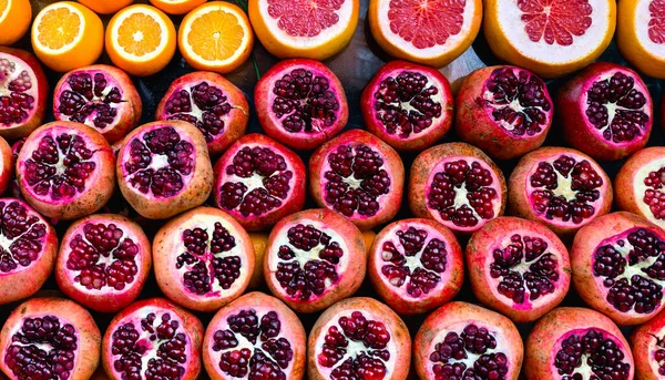 Las Granadas Rojas Frescas Pomelos Naranjas — Foto de Stock