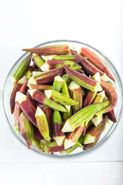 Green Red Okra Cleaned Prepared Cook Bowl Wooden Background Lady — Stock Photo, Image