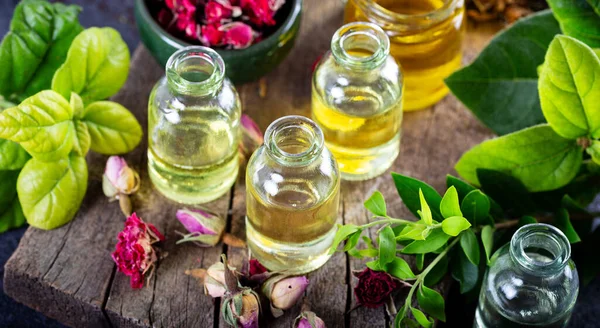 Getrocknete Kräuter Mit Ätherischen Ölen Zur Aromatherapie Flasche Ätherisches Rosenöl — Stockfoto