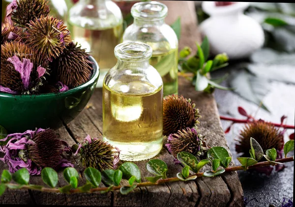 Szárított Gyógynövények Illóolajokkal Aromaterápiás Kezeléshez Rózsa Illóolaj Üvege Szárított Rózsaszirmokkal — Stock Fotó