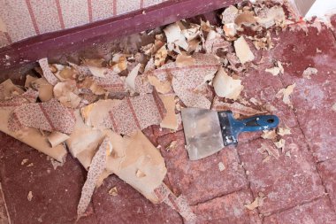 El, duvar kağıdını duvardan kaldırıyor, eski duvar kağıdını indiriyor.