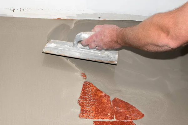 Self Leveling Concrete Old Floor Reconstruction Process Orange Brick Floor — Stock Photo, Image