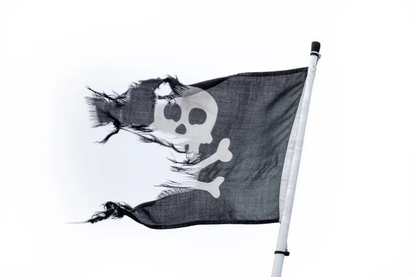 Black White Waving Frayed Pirate Flag White Background — Stock Photo, Image