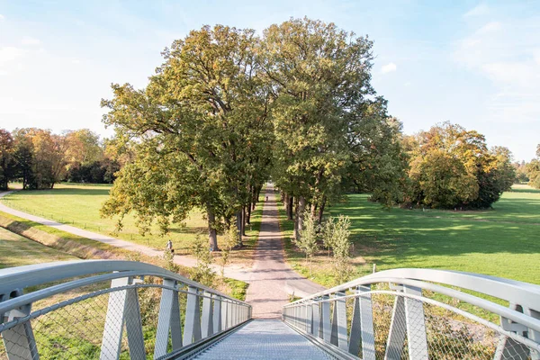 Hollanda, Twickel 'deki yüksek çelik bir köprüden bir şeride bakın.