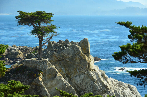 The beautiful 17 Mile Drive on the Monterey Peninsula of California's stunning Central Coast. Features rugged coastline, sandy beaches, cypress trees, and clear, azure water.