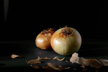Siyah arkaplanda iki soğan, ışık ve gölge fotoğrafçılık.