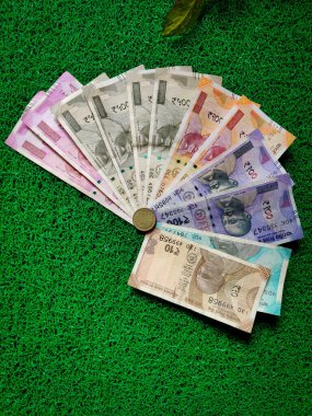 2000 'li, 500' lü, 200 'lü, 100' lü, 50 'li, 10' lu ve 10 'lu Hint paraları yeşil arka planda izole edilmiş..