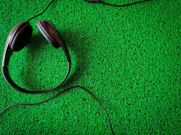 Black Wired Headphone Isolated Green Background Copy Space — Stock Photo, Image