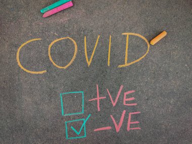 Gri panodaki yazı metni, COVID için negatif test sonuçlarıyla işaretlenmiş. Renkli tebeşir parçaları kullanılıyor. Corona virüsü konsepti