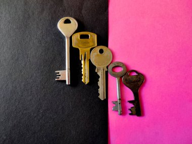 Pembe arka planda en uzun ya da en kısadan en uzun olan kapı anahtarlarının farklı boyutları. Seçici odak