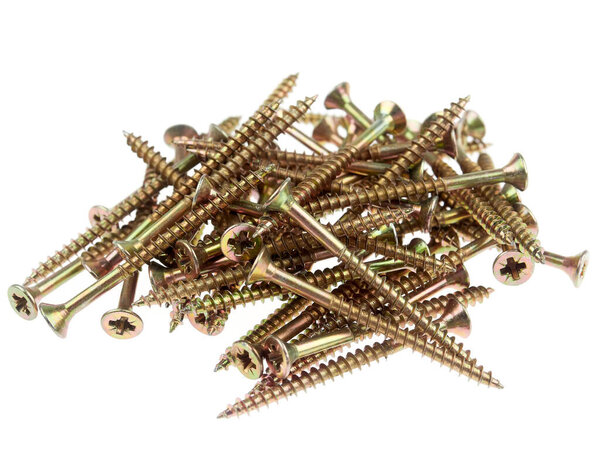 A group of yellow wood screws, isolated on white