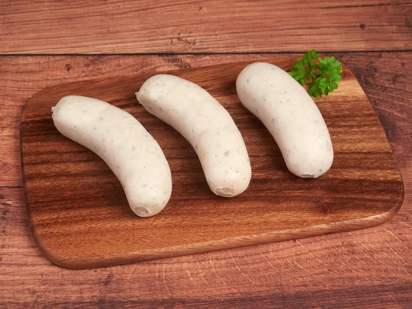Traditional Bavarian White Sausages Weisswurst Wooden Board — Stock Photo, Image
