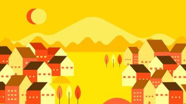 Köy ve tepeler düz manzara. Düz tasarım kırsal manzara çizimi. Bir kır evi, ekilebilir arazi, tepeler ve dağlar. Köy manzarası köy manzarası