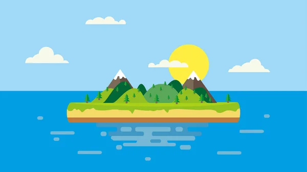 Vista Dos Desenhos Animados Ilha Mar Com Paisagem Montanhosa Com — Vetor de Stock