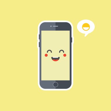 Düz stil vektör illüstrasyonunda akıllı telefon karakteri. Akıllı telefon çizgi film karakterleri komik yüzler. Kawaii neşeli cep telefonları seti. Online uygulamalar. Düz dizayn. Görüntü. 