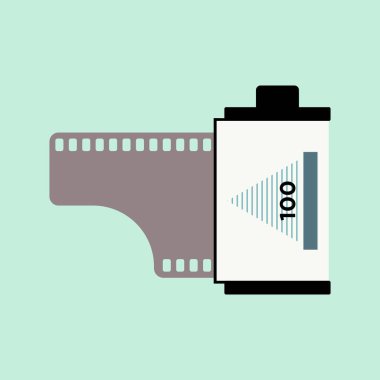Film rulosu kaseti. Basit modern tarz yuvarlak renk düz tasarım vektör çizimi. 35 mm 'lik film kutusu. 135 mm 'lik fotoğraf rulosu filmi. Analog fotoğrafçılık. Klasik el kamerası