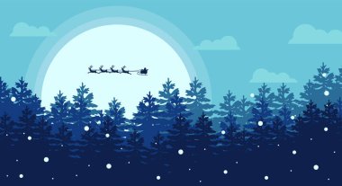 Noel Baba, ren geyikleriyle gece dağlarında kızağa biner Noel Baba ve geyikler gökyüzünde uçar.. 