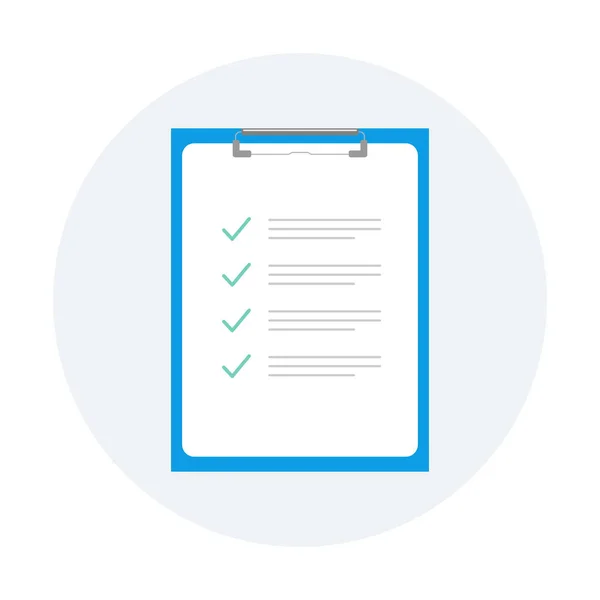 チェックリストの文書用紙と青のクリップボードアイコン フラットデザインベクトルイラスト — ストックベクタ