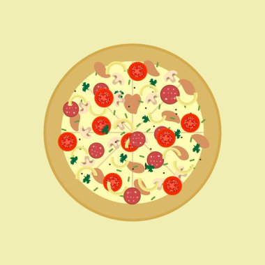 - Pizza. Tek düz renk simgesi. Vektör illüstrasyon. Tütsülenmiş sosis, tpmatp, soğan, fesleğen, pepperoni, mantar ve zeytinli pizza.