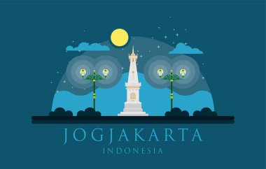 Beyaz Paal / Tugu Pal Putih / Tugu Jogja, Yogyakarta şehrinin düz tasarımının simgesi, vektör logosu resimleme. 